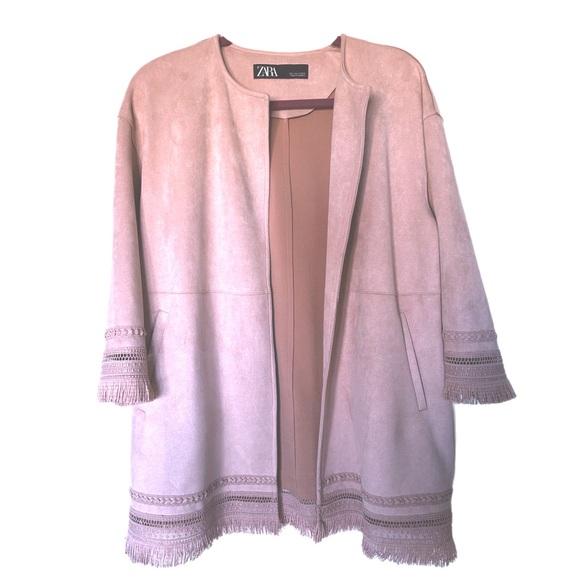 ZARA Faux Suede Dusty Pink Fringe Jacket - Small - Picture 3 of 4